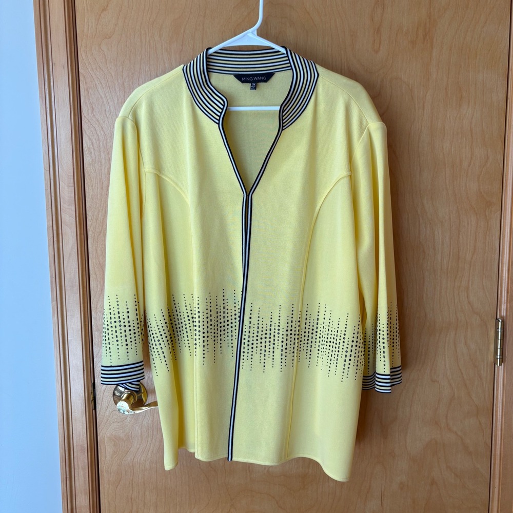 Ming Wang Cardigan Women 3X Yellow Studded Striped Trim Knit Jacket